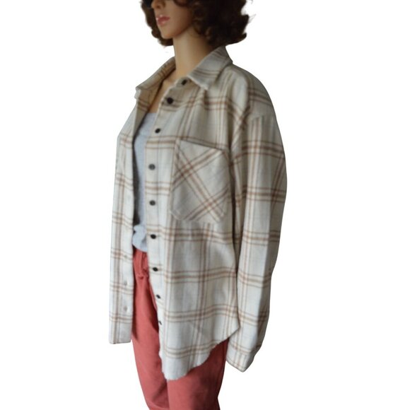 143 Story Cream Beige Plaid Flannel Button Down Shirt Women's Large Fall Western - Picture 2 of 6
